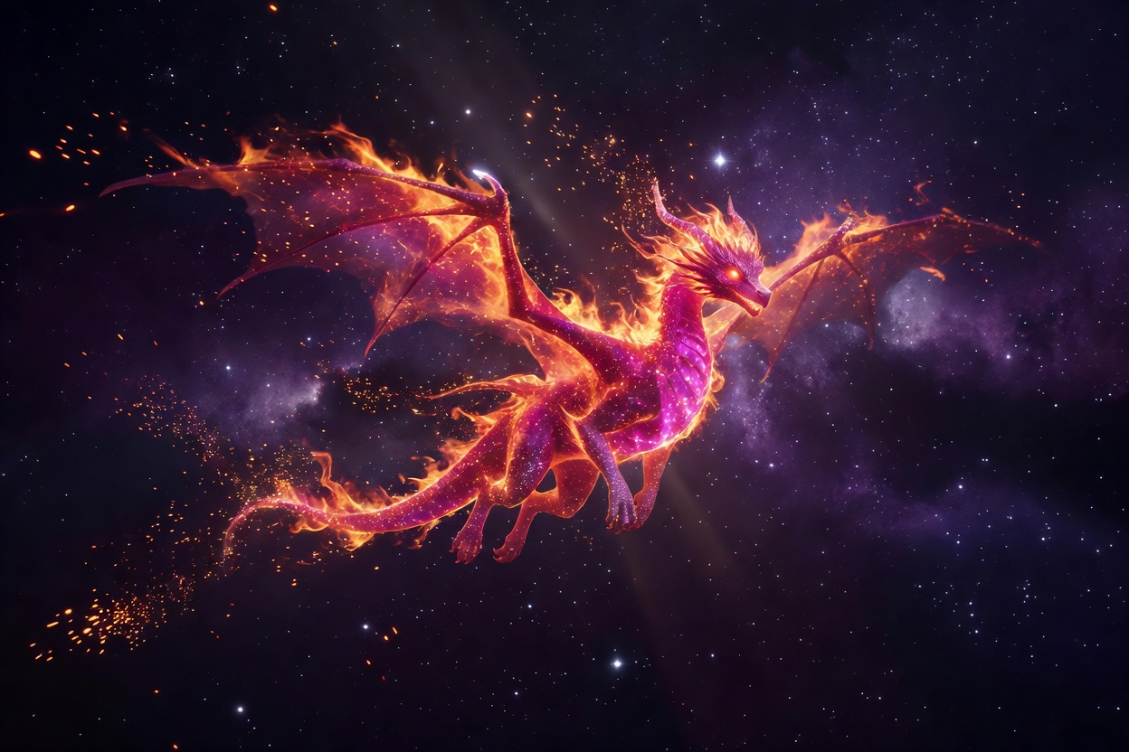 Surreal AI video of a fire dragon in space